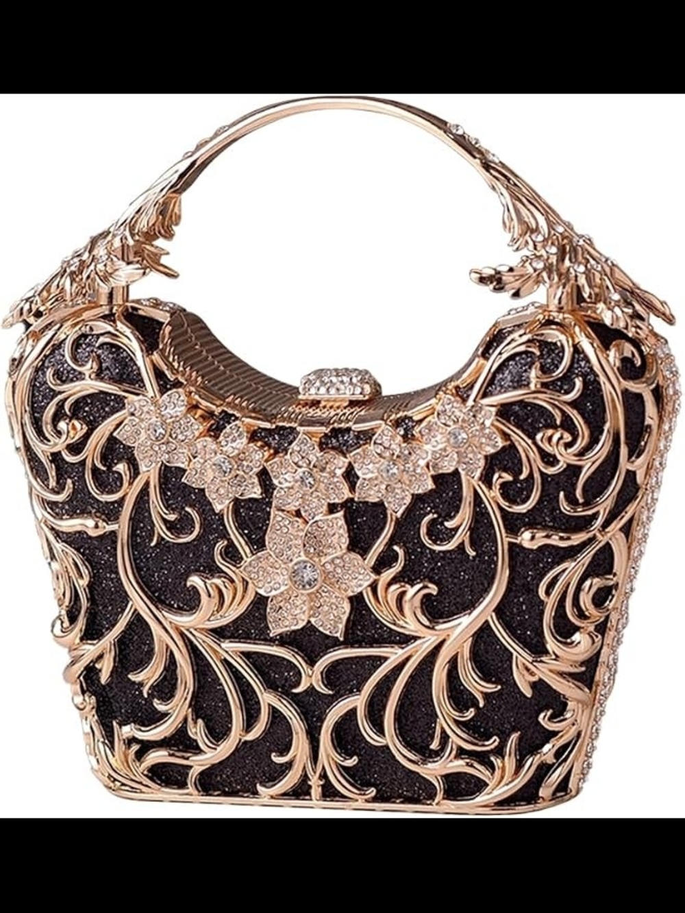 LuxeVintage Inspired Black & Gold Floral Filigree Evening Bag Purse